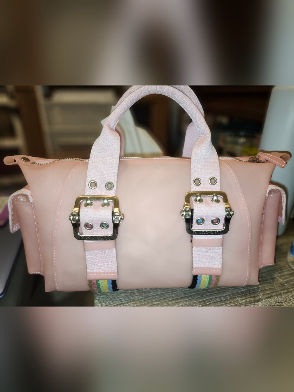 Franco Sarto Pale Pink Satchel with Multicolor Stripe Trim